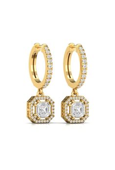 Item Code ER-8 Metal Type Rose Gold Metal Karat 18 kt Diamond Natural Diamond Shape Round & Asscher (Illusion) Diamond Ct 1.30 ct Diamond Color FG Diamond Clarity VS Earring Length 27.7 mm Earring Width 8.5 mm Introducing the round and asscher illusion halo cut diamond gold hoop earring, a timeless and elegant pair of earrings that are sure to make a lasting impression. These earrings feature an round and asscher halo hoop design, with round and asscher illusion halo cut natural diamonds elegant Formal Halo Huggie Diamond Earrings, Formal Huggie Diamond Earrings With Halo, Luxury Yellow Gold Halo Design Hoop Earrings, Luxury Yellow Gold Hoop Earrings With Halo Design, Formal Yellow Gold Halo Hoop Earrings, Gold Asscher Cut Earrings Fine Jewelry, Elegant Asscher Cut Yellow Gold Earrings, Elegant Yellow Gold Asscher Cut Earrings, Elegant Octagon Hoop Earrings As Gift