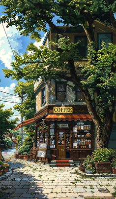 an oil painting of a coffee shop on the side of a street in front of a tree