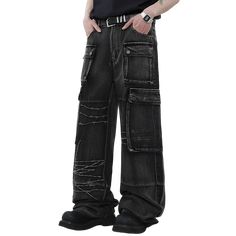 Black wide-leg jeans with a dramatic oversized silhouette. Features multiple large cargo pockets with snap button closures, adding a utilitarian edge. The jeans have a unique distressed design with white embroidered barbed wire patterns across the legs, creating an edgy, punk-inspired look. The denim has a worn, faded black wash for a vintage feel. The extreme wide-leg cut and long length result in a floor-sweeping hem. Combines avant-garde styling with gothic and industrial aesthetics for a bol Wire Patterns, Black Wide Leg Jeans, Punk Inspiration, Barbed Wire, Oversized Silhouette, Jeans For Sale, Top Trends, Wide Leg Jeans, Snap Button