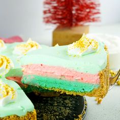 there is a slice of cake that is on the plate and has been decorated with icing