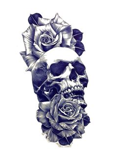 a drawing of a skull and two roses