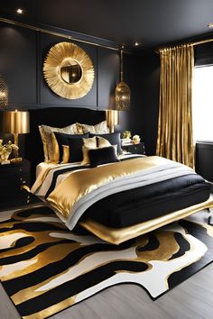 a bedroom with black and gold decor