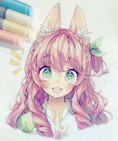 a drawing of a girl with long pink hair and green eyes next to crayons