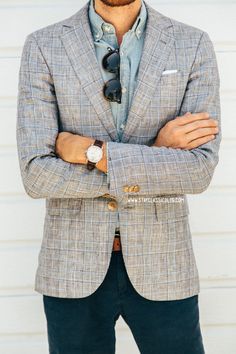 Grey + light blue White Pocket Square, Well Dressed Men, Plaid Blazer, Navy Jeans, Gentleman Style, Suit And Tie, Look At You, Men Looks