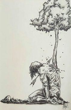 a drawing of a man sitting under a tree with his head on the ground and arms around him