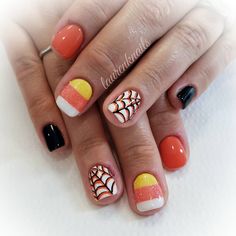 Candy Corn Gel Nails, Halloween Candy Corn Nails, Shellac Halloween Nails, Halloween Town Nails, Candy Corn Nail Art, Candy Corn Nails Halloween, Candy Corn Nail Designs, Kids Halloween Nails, Halloween Gel Nails Short