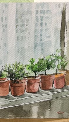 a painting of potted plants on a window sill