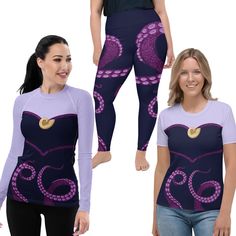 two women wearing purple and black tights, one with an octopus on the side