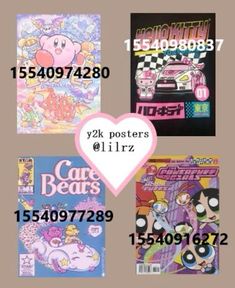 four different posters with cartoon characters and numbers in the middle one has a pink heart on it