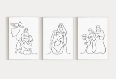 three black and white prints depicting the nativity