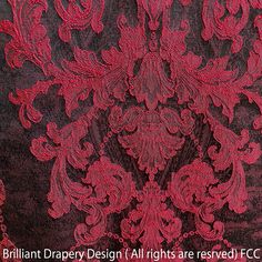 an image of a red lace fabric with floral design on the bottom and side, as well as text that reads brilliant drapery design all rights are reserved f c