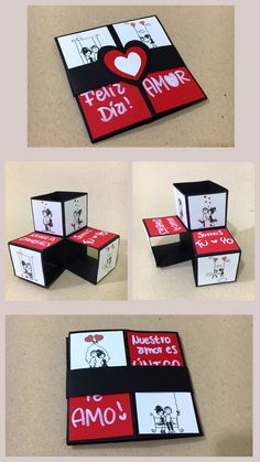 four different views of an open box with the words i love you in red and white