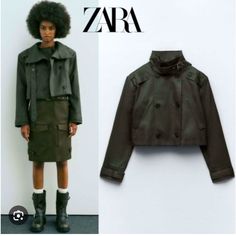 Beautiful Cropped Waxed Crinkle Effect Trench Coat. There Is No Stretch In It. The Color Is Green But Zara Call It Dark Khaki. It Can Be Worn For Any Occasion. Item Has Never Been Worn Only Cleaned And Was Purchased As A Floor Model So There May Or May Not Be Slight Imperfections. It’s A Button Closure. Item May Need Pressing Upon Receipt Due To Storage And Shipping. Coat Is Lined. Size Is Xxl And Measurements Are In Photos. I Will Try My Best To Post Pictures And List All, If Any Minor Defects Fall Streetwear Leather Jacket With Buttons, Utility Leather Jacket For Fall Workwear, Utility Style Long Sleeve Leather Jacket For Work, Fall Khaki Cargo Style Utility Jacket, Khaki Cargo Style Outerwear For Fall, Trendy Spring Cargo Style Outerwear, Casual Khaki Long Sleeve Leather Jacket, Brown Military Style Outerwear For Spring, Fitted Fall Utility Jacket