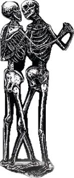 two skeletons standing next to each other with their arms around each other, one holding a flag