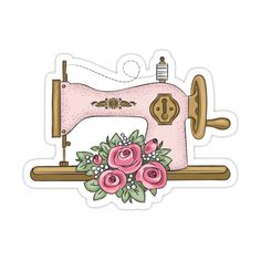 a pink sewing machine with flowers on the table next to it and a sticker that says