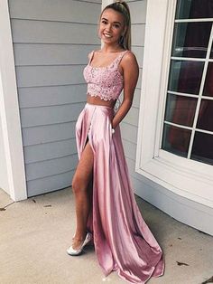 Pink Satin Prom Dress, Two Piece Prom, Split Prom Dresses, Beading Embroidery, Prom Dresses With Pockets, Pink Formal Dresses, Shein Outfits, Pink Prom, Piece Prom Dress