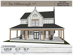 the hillbrough house plan is shown with measurements for the front porch and covered porch