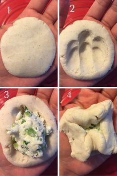 four pictures showing how to make an appetizer in the shape of a tortilla