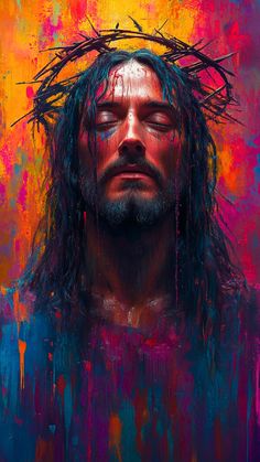 a painting of jesus with his eyes closed and the crown of crosses over his head