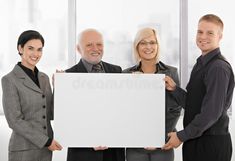 three business people holding up a white board