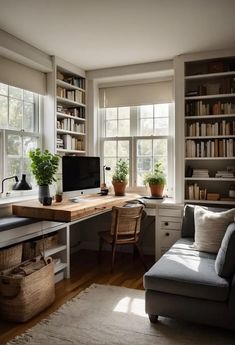 a living room filled with furniture and bookshelves next to a window covered in lots of windows