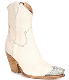 Free People Brayden Leather Metal Toe Tip Western Booties | Dillard's Free People Western Boots, White Boots With Stacked Heel And Snip Toe, Western Style Closed Toe Heeled Boots With Reinforced Heel, Western Style Heeled Boots With Reinforced Heel, White Snip Toe Boots With Stacked Heel, Beige Pointed Toe Boots With Leather Sole, Beige Boots With Reinforced Heel And Pointed Toe, Calf Leather Boots With Stacked Heel, Calf Leather Boots With Stacked Heel And Closed Toe