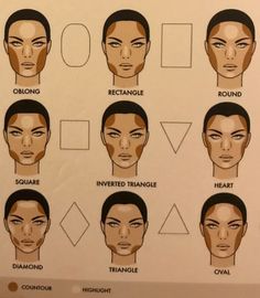 Makeup Looks For Different Face Shapes, Contour For Inverted Triangle Face, Makeup For Triangle Face, Makeup For A Square Face, Inverted Triangle Face Makeup, Square Face Contouring, Contour Long Face, Makeup For Face Shape, Makeup For Long Face Shape