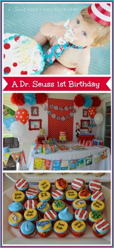 the dr seuss 1st birthday party with cupcakes and candy bar for dr seuss