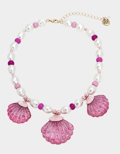 PINK SUMMER FRONTAL NECKLACE PINK | Shell Necklaces – Betsey Johnson Adjustable Pink Pearl Necklace With Charm, Adjustable Pink Pearl Chain Necklace, Pink Pearl Beaded Necklace With Pearl Charm, Summer Pearl Drop Necklace, Pink Shell-shaped Necklace For Beach, Pink Pearl Charm Necklace For Parties, Pink Pearl Drop Necklace For Party, Pink Beaded Shell Jewelry, Pink Pearl Beach Jewelry