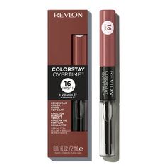 Revlon ColorStay Overtime Lipcolor is a dual-ended long-wearing lipstick that's transfer-proof, kiss-proof, so you can forget touch-ups throughout your day or night. Get shiny lip color that doesn't smudge off or rub off, and conditions with vitamin E. One end smoothes on our long-wearing ColorStay liquid lipstickwe've made it extra plush, so it feels soft on your lips and the other end is loaded with a clear lip gloss, that acts as a top coat, for a slick look. The upgraded clear lip gloss cont Revlon Colorstay Lipstick, Shiny Lips, Long Wear Lipstick, Clear Lip Gloss, Revlon Colorstay, Gloss Lipstick, Lip Color