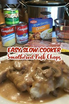 EASY SLOW COOKER SMOTHERED PORK CHOPS with MUSHROOM & ONION GRAVY Slow Cooker Smothered Pork Chops With Mushroom And Onion Gravy, Pork Chop Gravy Crockpot, Gravy Smothered Pork Chops, Crockpot Onion Pork Chops, Smothered Pork Chops Slow Cooker, Smothered Bone In Pork Chops Crock Pot, Easy Pork Chop Slow Cooker Recipes, How To Make Smothered Pork Chops, Crock Pot Smothered Pork Chops Easy