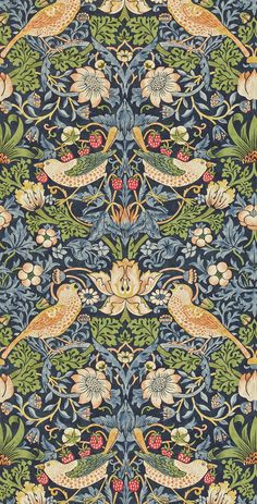 an intricately designed wallpaper with birds and flowers in blue, green, yellow and pink