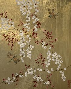 Oil Painting — Vanessa Kress Simple Chinoiserie, Chinoiserie Paintings, Asian Bedroom Decor, Chinoiserie Painting, Chinoiserie Panels, Gold Leaf On Canvas, Japanese Cherry Tree, Gold Art Painting, Embroidery Stitches Beginner