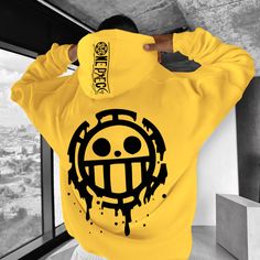 Men Youth Sweatshirt, Oversize "anime Print" Print Hoodie Trendy Printed T Shirts, Minimal Shirt Design, One Piece Hoodie, Oversize Sleeves, Casual Sweatpants, Hoodie Oversize, Yellow Hoodie, Casual Home, Mens Fashion Classy