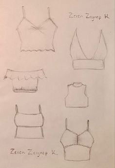 four different types of bras drawn on paper