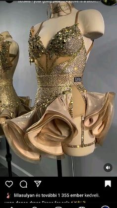 two mannequins with gold sequins on them