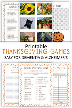 printable thanksgiving games for elementary and middle school students with pumpkins, sunflowers