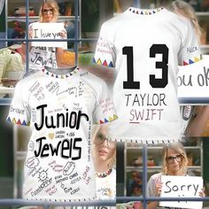 a collage of photos with t - shirts that say junior jewels and taylor swift