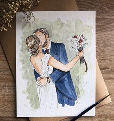 a watercolor painting of a bride and groom kissing