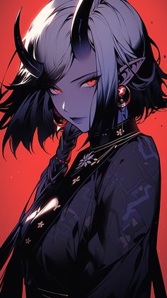 an anime character with black hair and horns on her head, standing in front of a red background