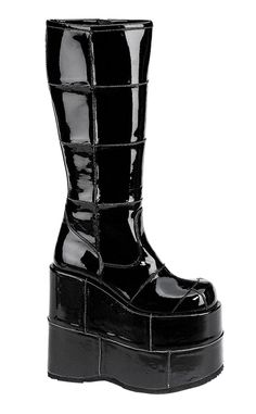 STACK-301 Black Patent Boots-Demonia-Tragic Beautiful Demonia Stack, Platform Shoes Boots, Demonia Boots, Demonia Shoes, Punk Patches, Diy Vetement, Patches Fashion, Chunky Boots, Thigh High Boots