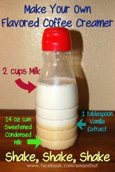 a bottle of milk labeled make your own flavored coffee creamer with instructions on how to use it