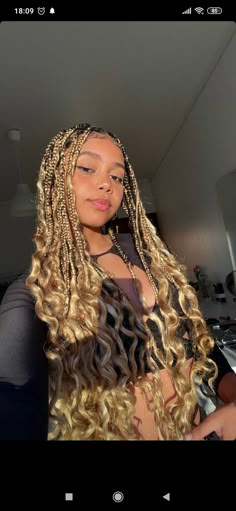 Curly Blonde Braids For Black Women, Up Dos With Braid, Goddess Braids With Blonde Highlights, Blonde Box Braids With Curls, Goddess Braids With Blonde, Blonde And Black Goddess Braids, Box Braids On White Women, Brown And Blonde Goddess Braids, Braids For Black Women Blonde