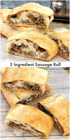 three different views of sausage rolls on a wooden table with text overlay that reads 3 ingredient sausage roll