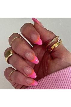 Acyrilics Nails Ideas Almond, Pink And Orange French Tip Nails Almond, Pink Orange Almond Nails, Simple Summer Nails Almond Shape, Pink Nails With Orange Tips, Summer French Almond Nails, French Tip Pink And Orange, Pink Nails Orange Tip, Acrylic Nails Orange And Pink