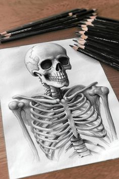 a pencil drawing of a skeleton sitting on top of a piece of paper next to some crayons