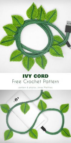 two photos with green leaves on them and the text ivv cord free crochet pattern