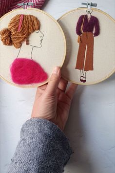 two hand embroidered pictures of women in different outfits