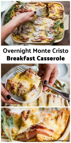 a collage of photos showing how to make overnight monte cristo breakfast casserole