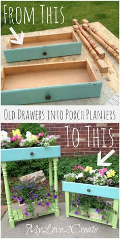 an old drawer turned into a planter with flowers and plants growing out of it